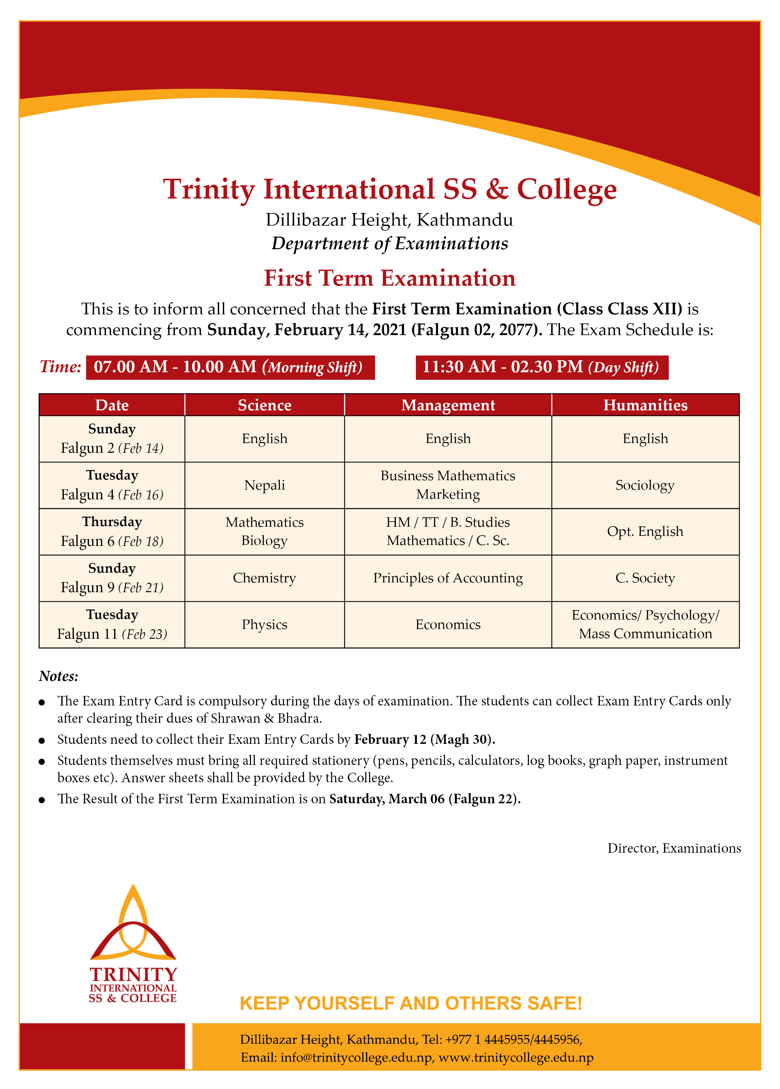 First Term Exam Routine XII 2077